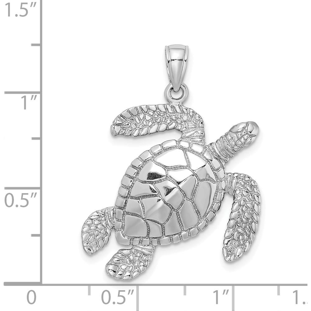 14K White Gold Large Textured Swimming Sea Turtle Charm - 30mm Length by Oro Pregiato