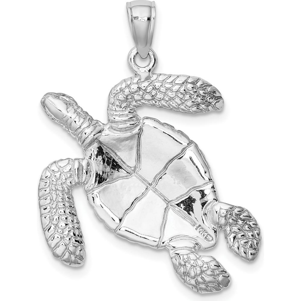 14K White Gold Large Textured Swimming Sea Turtle Charm - 30mm Length by Oro Pregiato