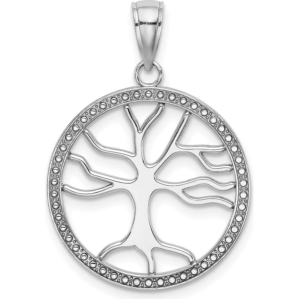 14K White Gold Large Tree of Life Round Frame Pendant - Polished Finish, Rhodium Plated by Oro Pregiato