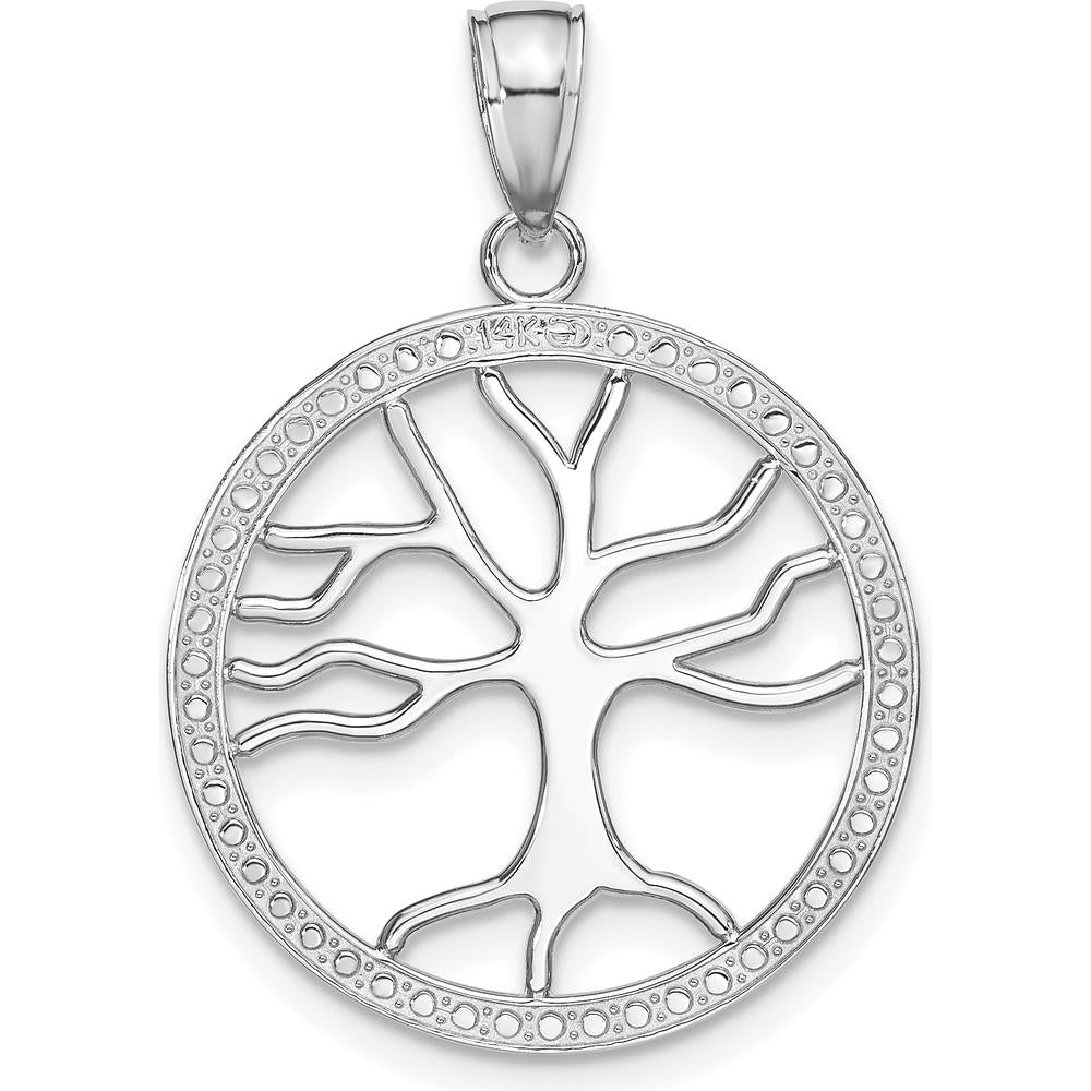 14K White Gold Large Tree of Life Round Frame Pendant - Polished Finish, Rhodium Plated by Oro Pregiato