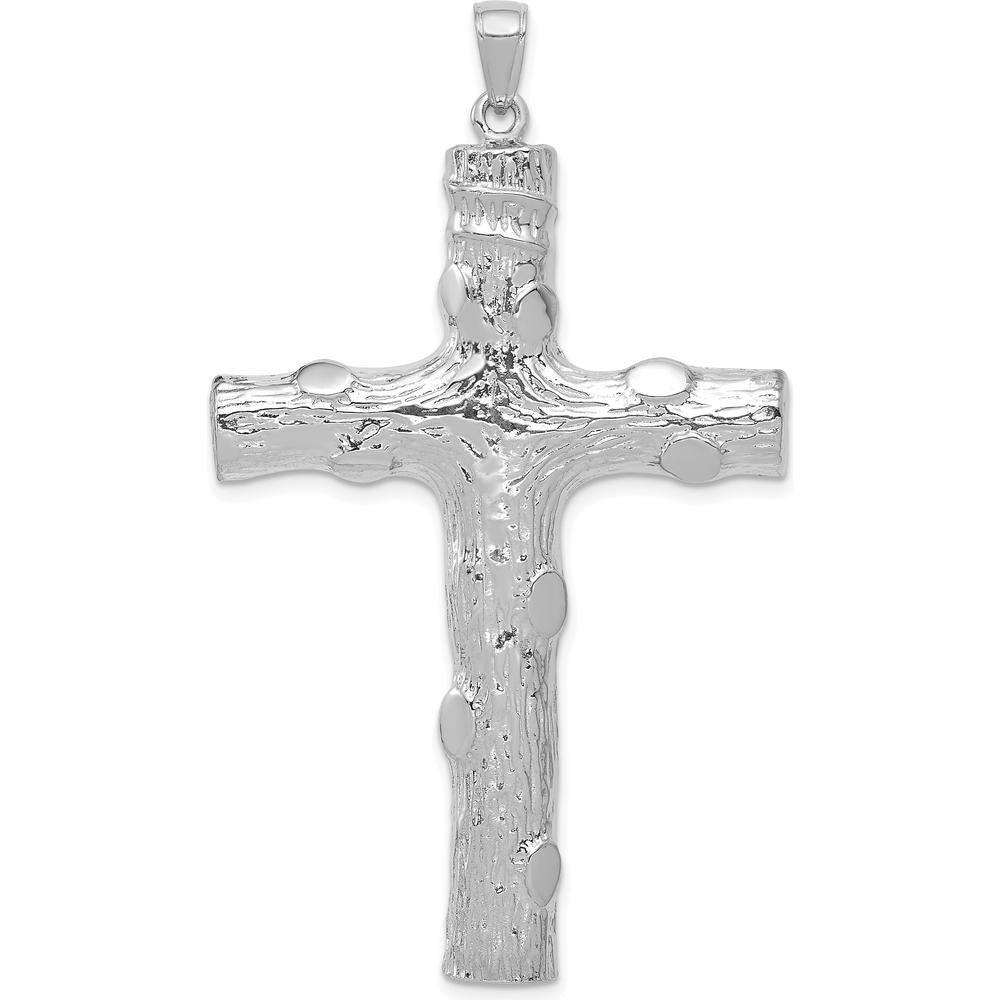 14K White Gold Large Tree Textured Cross Pendant with Rhodium Plating - 58.5mm Length by Oro Pregiato