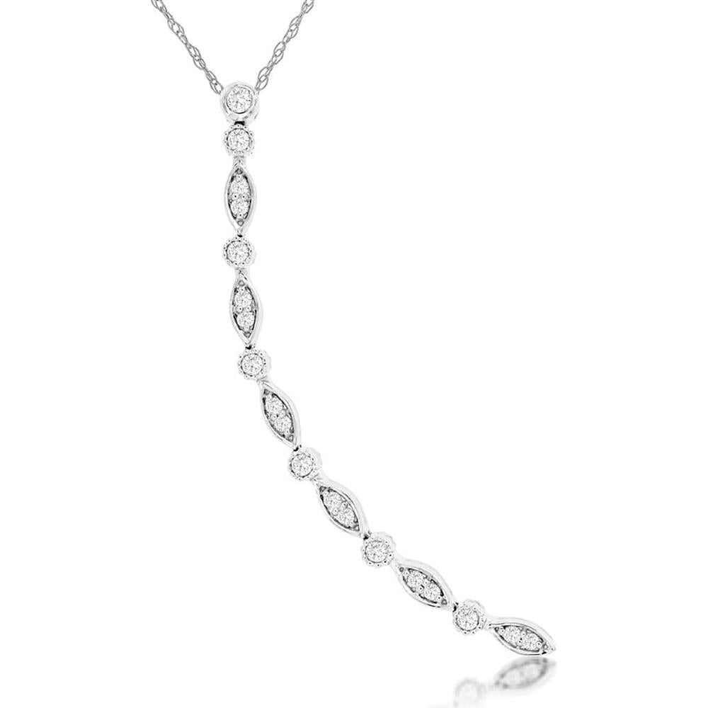 14K White Gold Lariat Diamond Drop Necklace with Alternating Bezel-Set Round and Pavé Marquise Stations - 0.24 Carat Total Diamond Weight - Royal Jewelry