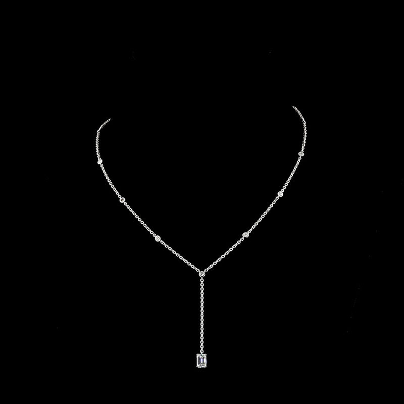 14K White Gold Lariat Necklace with 1.02 Carat Emerald Cut Lab Diamond and 0.41 Carat Brilliant Cut Lab Diamonds - 1.43 Carat Total Weight - Covaloro Fine Jewelry