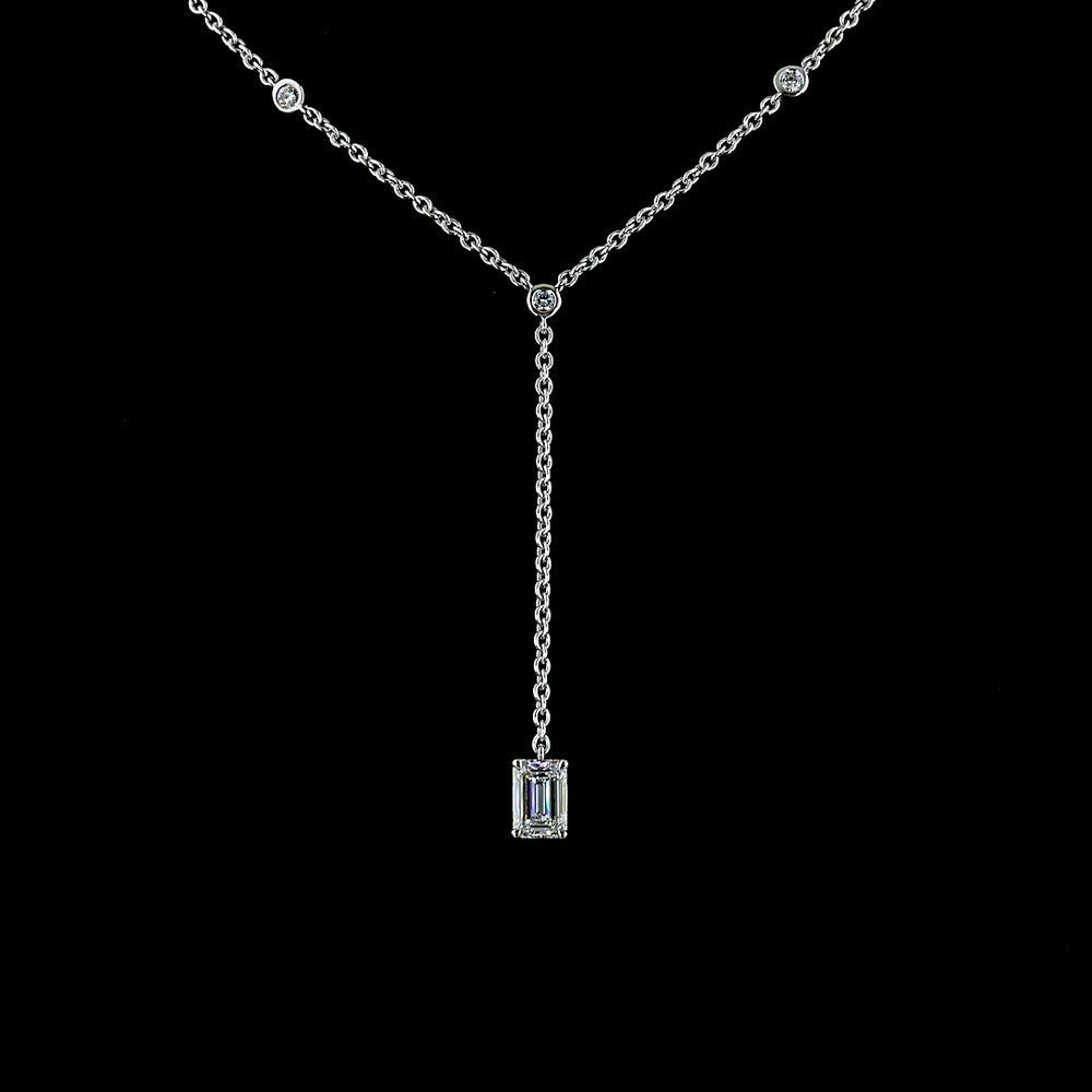 14K White Gold Lariat Necklace with 1.02 Carat Emerald Cut Lab Diamond and 0.41 Carat Brilliant Cut Lab Diamonds - 1.43 Carat Total Weight - Covaloro Fine Jewelry