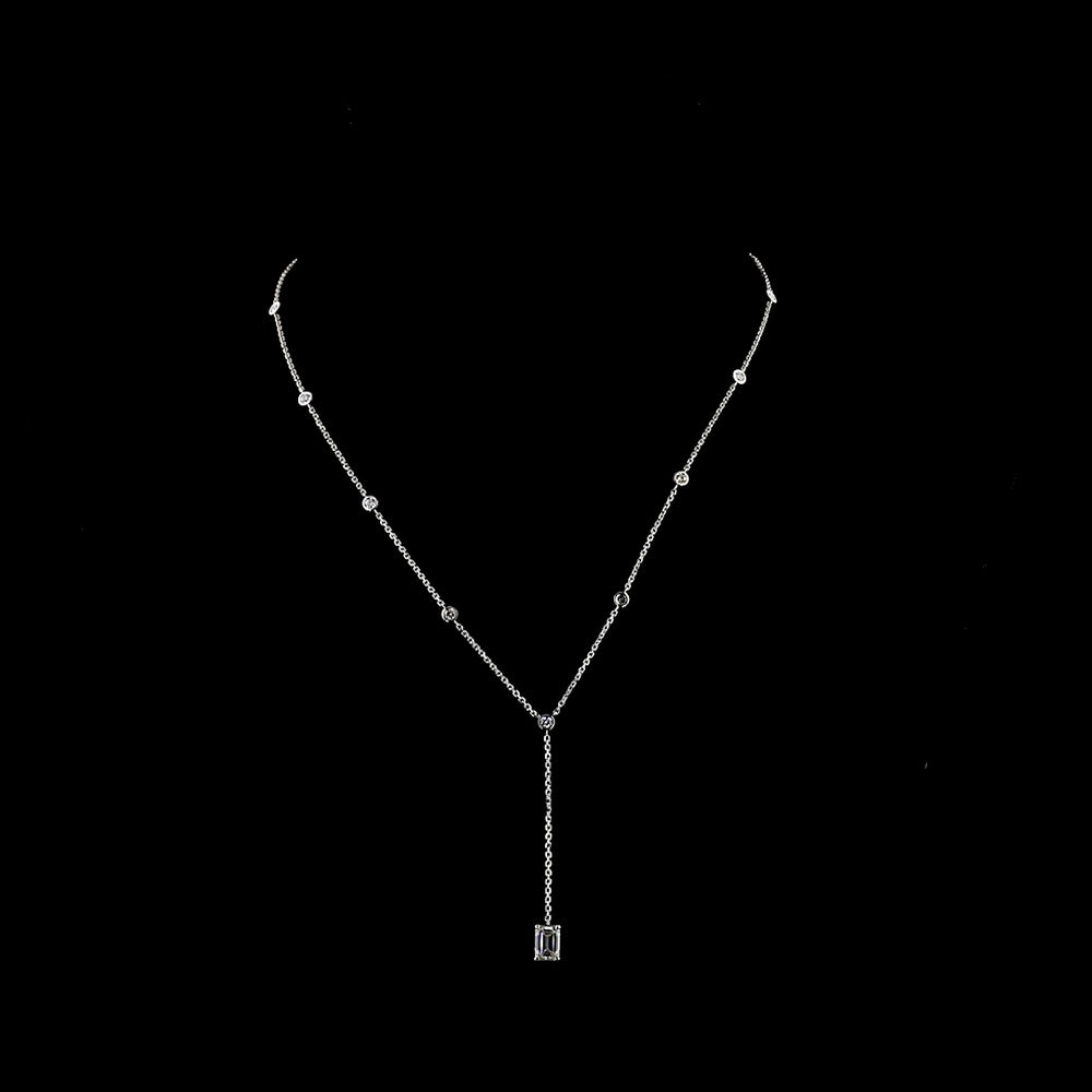 14K White Gold Lariat Necklace with 9 Bezel-Set Round Lab Diamonds and 1.04 Carat Prong-Set Emerald Cut Lab Diamond Center - 1.46 Carat Total Diamond Weight - Covaloro Fine Jewelry