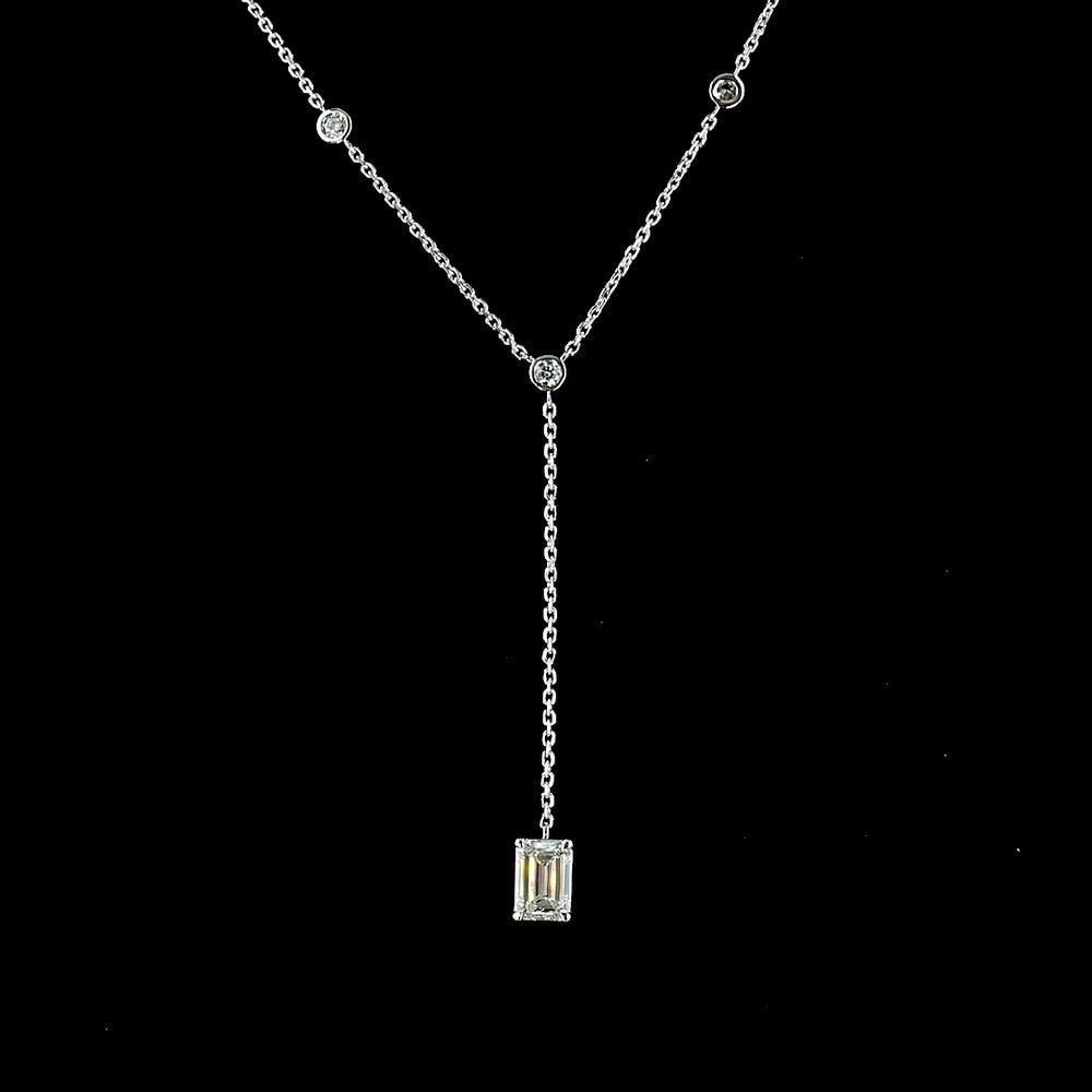 14K White Gold Lariat Necklace with 9 Bezel-Set Round Lab Diamonds and 1.04 Carat Prong-Set Emerald Cut Lab Diamond Center - 1.46 Carat Total Diamond Weight - Covaloro Fine Jewelry