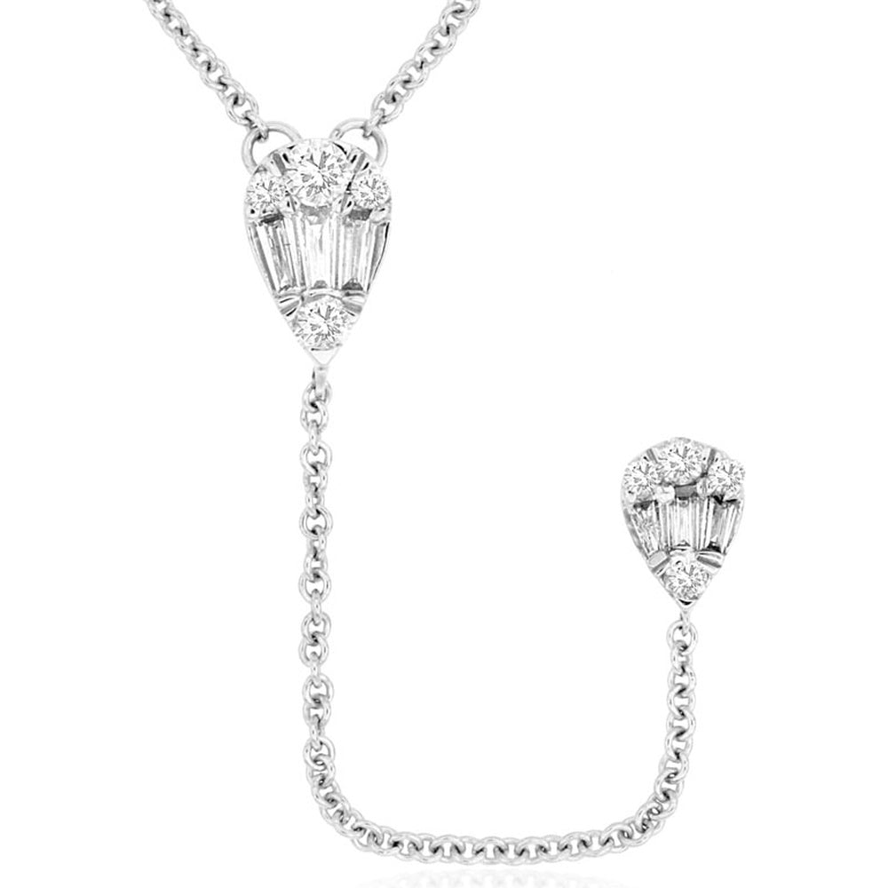 14K White Gold Lariat Necklace with Baguette and Round Diamond Cluster Teardrop - 0.22 Carat Total Diamond Weight - Royal Jewelry