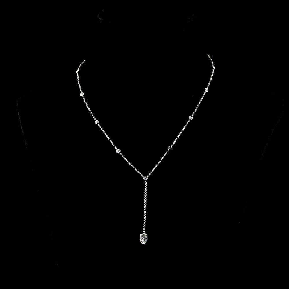 14K White Gold Lariat Necklace with Bezel Set Oval Cut Lab Diamond and Brilliant Accent Diamonds - 1.51 Carat Total Diamond Weight - Covaloro Fine Jewelry