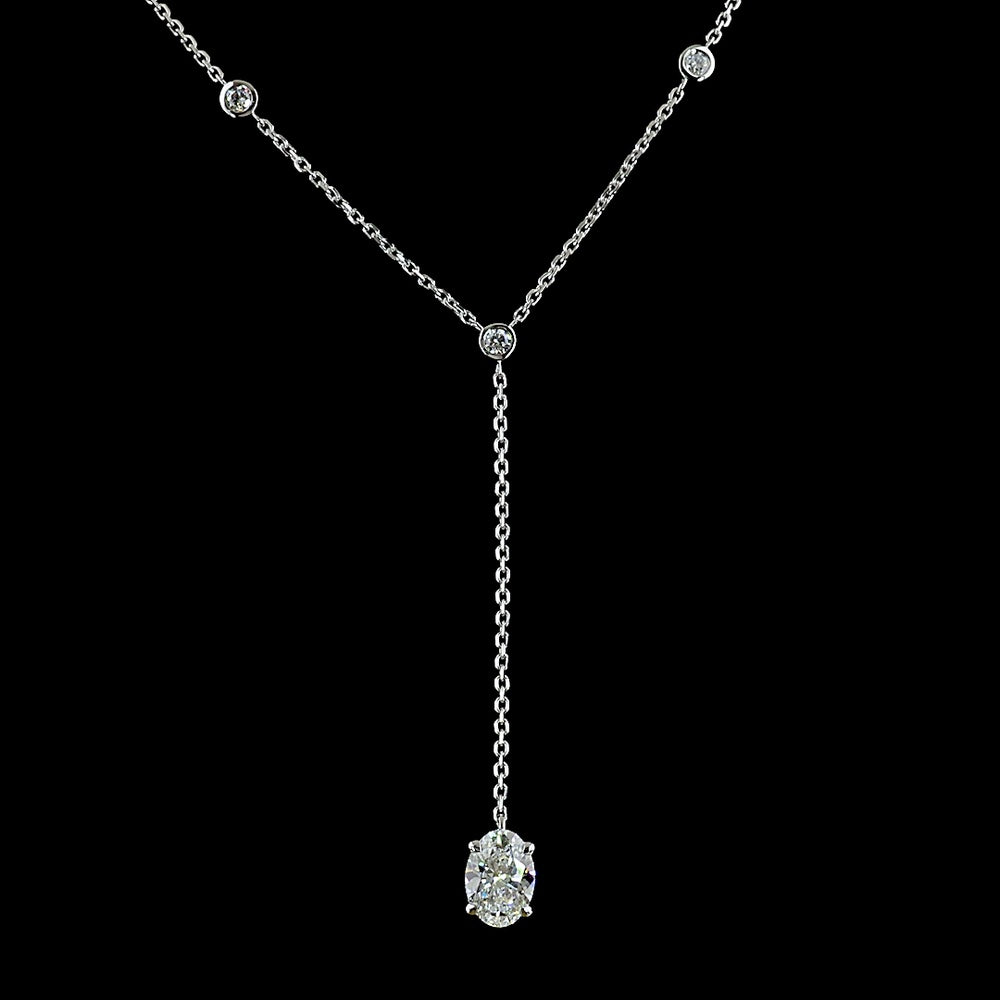 14K White Gold Lariat Necklace with Bezel Set Oval Cut Lab Diamond and Brilliant Accent Diamonds - 1.51 Carat Total Diamond Weight - Covaloro Fine Jewelry