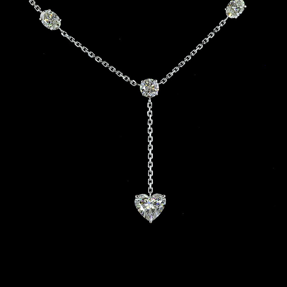 14K White Gold Lariat Necklace with Heart, Oval, and Round Lab Diamonds - 4.01 Carats Total Diamond Weight - Covaloro Fine Jewelry