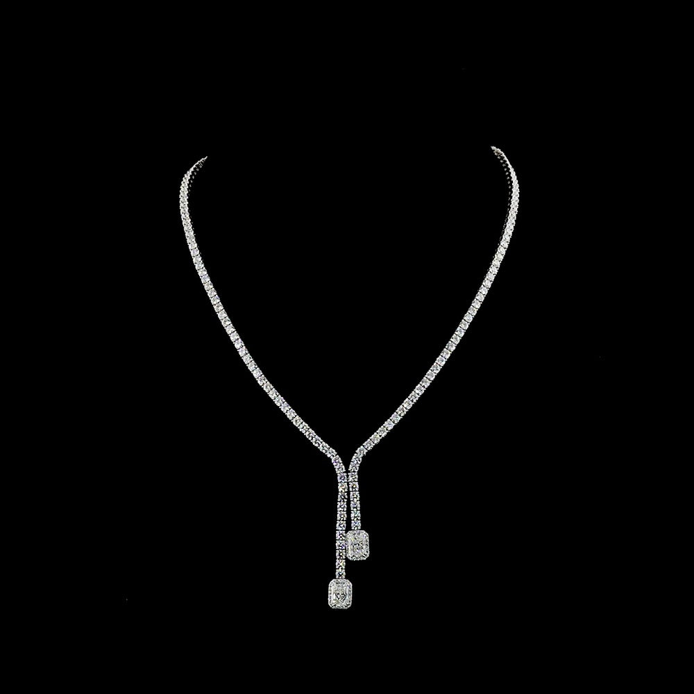 14K White Gold Lariat Necklace with North-South Radiant Cut Lab Diamonds and Brilliant Round Diamond Chain - 14.70 Carats Total Diamond Weight - Covaloro Fine Jewelry