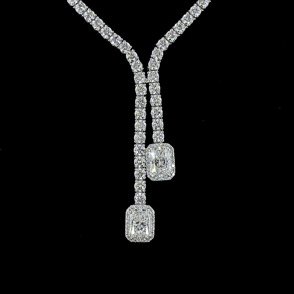 14K White Gold Lariat Necklace with North-South Radiant Cut Lab Diamonds and Brilliant Round Diamond Chain - 14.70 Carats Total Diamond Weight - Covaloro Fine Jewelry