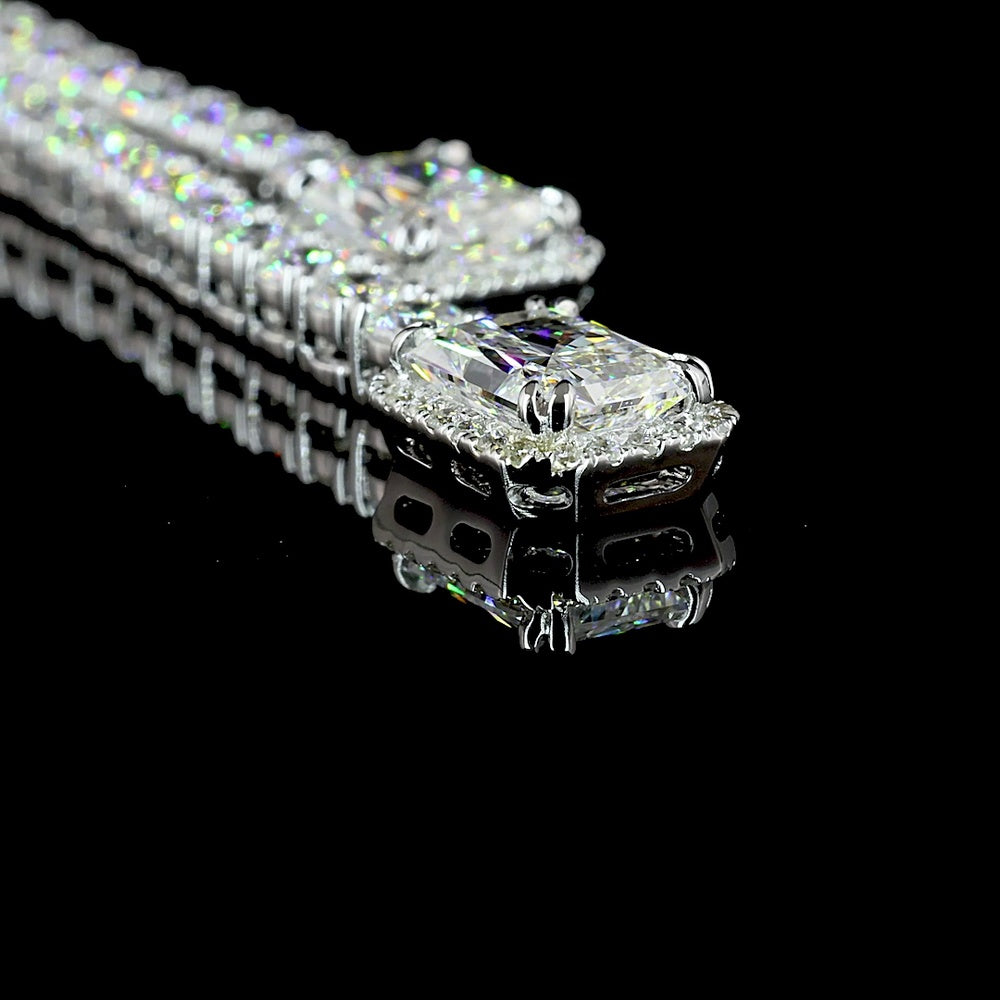 14K White Gold Lariat Necklace with North-South Radiant Cut Lab Diamonds and Brilliant Round Diamond Chain - 14.70 Carats Total Diamond Weight - Covaloro Fine Jewelry
