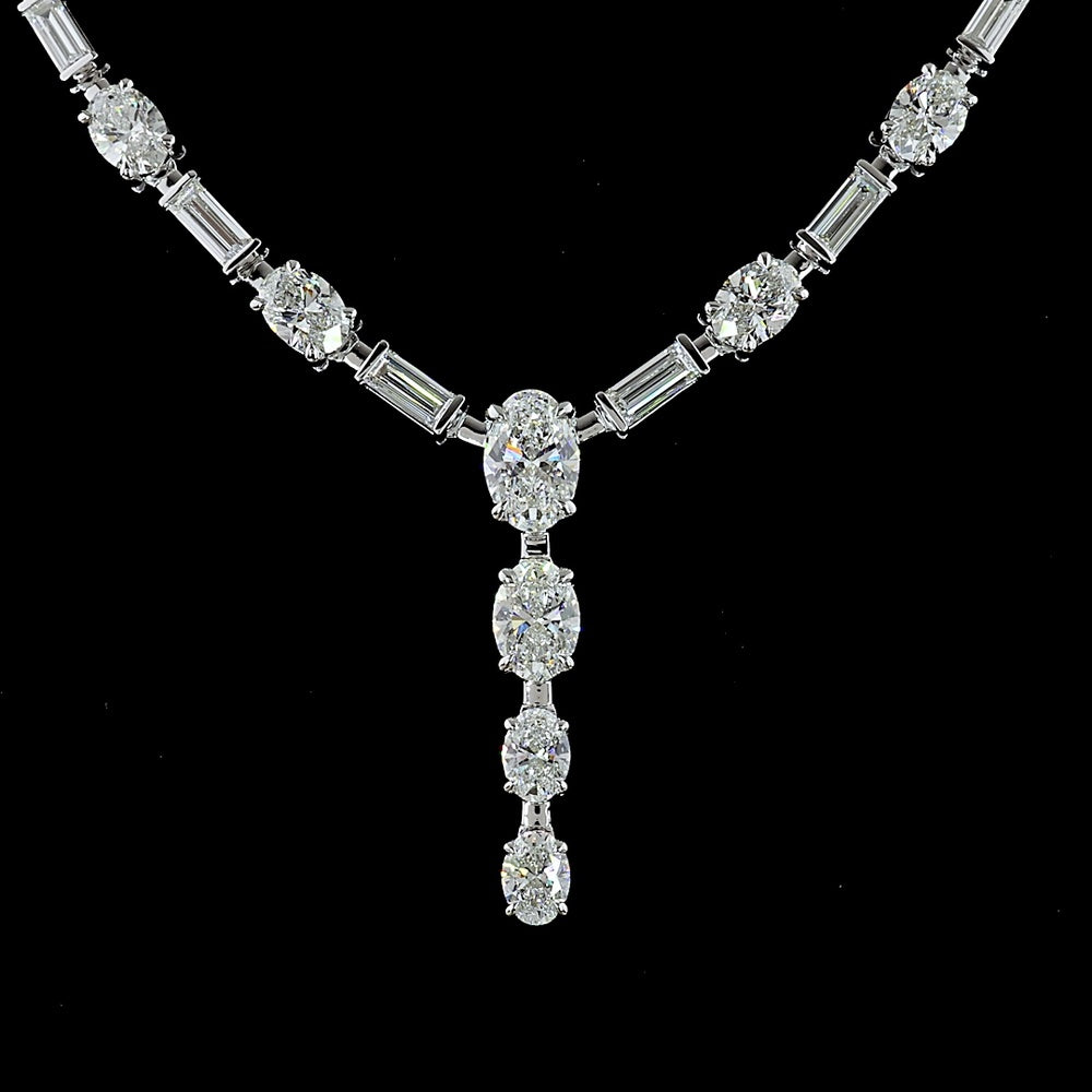 14K White Gold Lariat Necklace with Oval and Baguette Lab Diamonds in Prong Setting - 11.61 Carats Total Diamond Weight - Covaloro Fine Jewelry