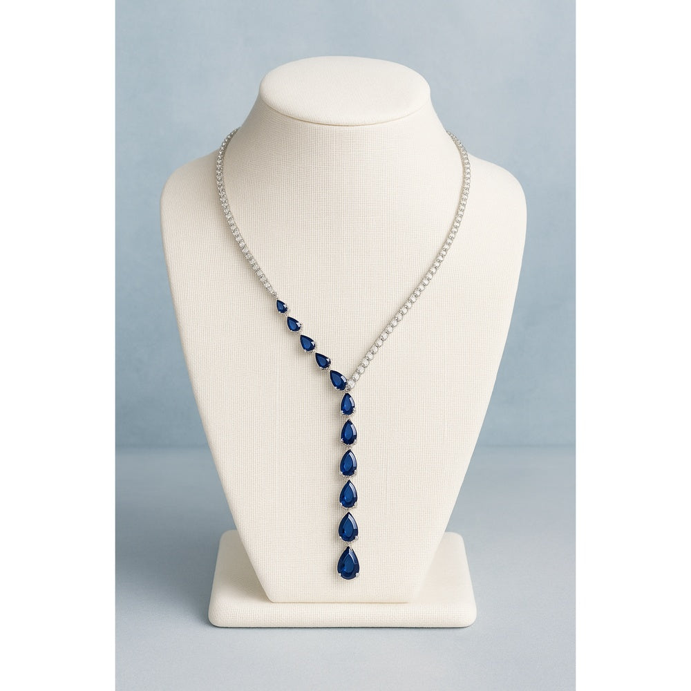 14K White Gold Lariat Necklace with Prong Set Pear Sapphires and Round Diamonds - 4.55 Carat Total Sapphire Weight and 4.32 Carat Total Diamond Weight by Auriventus