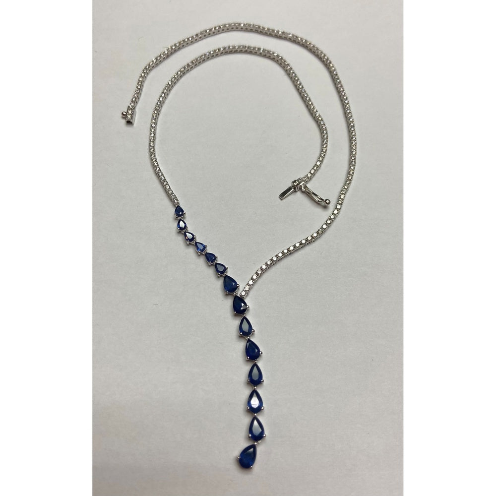 14K White Gold Lariat Necklace with Prong Set Pear Sapphires and Round Diamonds - 4.55 Carat Total Sapphire Weight and 4.32 Carat Total Diamond Weight by Auriventus