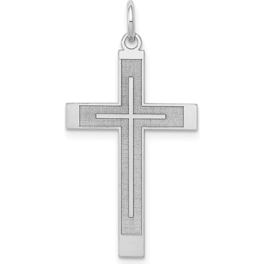 14K White Gold Laser Designed Cross Pendant with Rhodium Plating - 33mm Length by Oro Pregiato