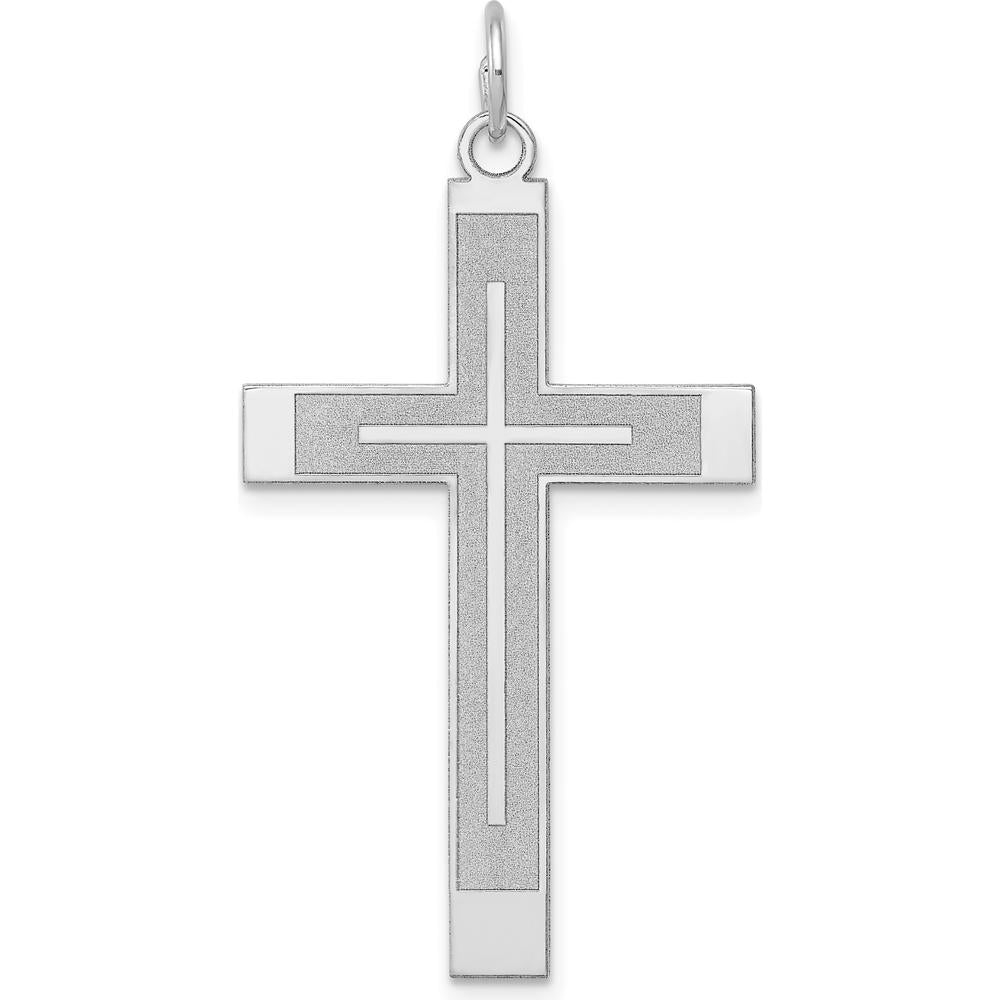 14K White Gold Laser Designed Cross Pendant with Rhodium Plating - 40mm Length by Oro Pregiato