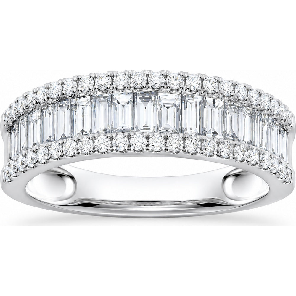 14K White Gold Layered Baguette and Round Diamond Fashion Ring - 1.06 Carat Total Diamond Weight by Auriventus