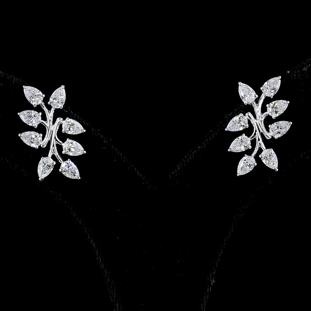 14K White Gold Leaf Cluster Earrings with Pear Shape Lab Diamonds - 2.63 Carat Total Diamond Weight - Covaloro Fine Jewelry
