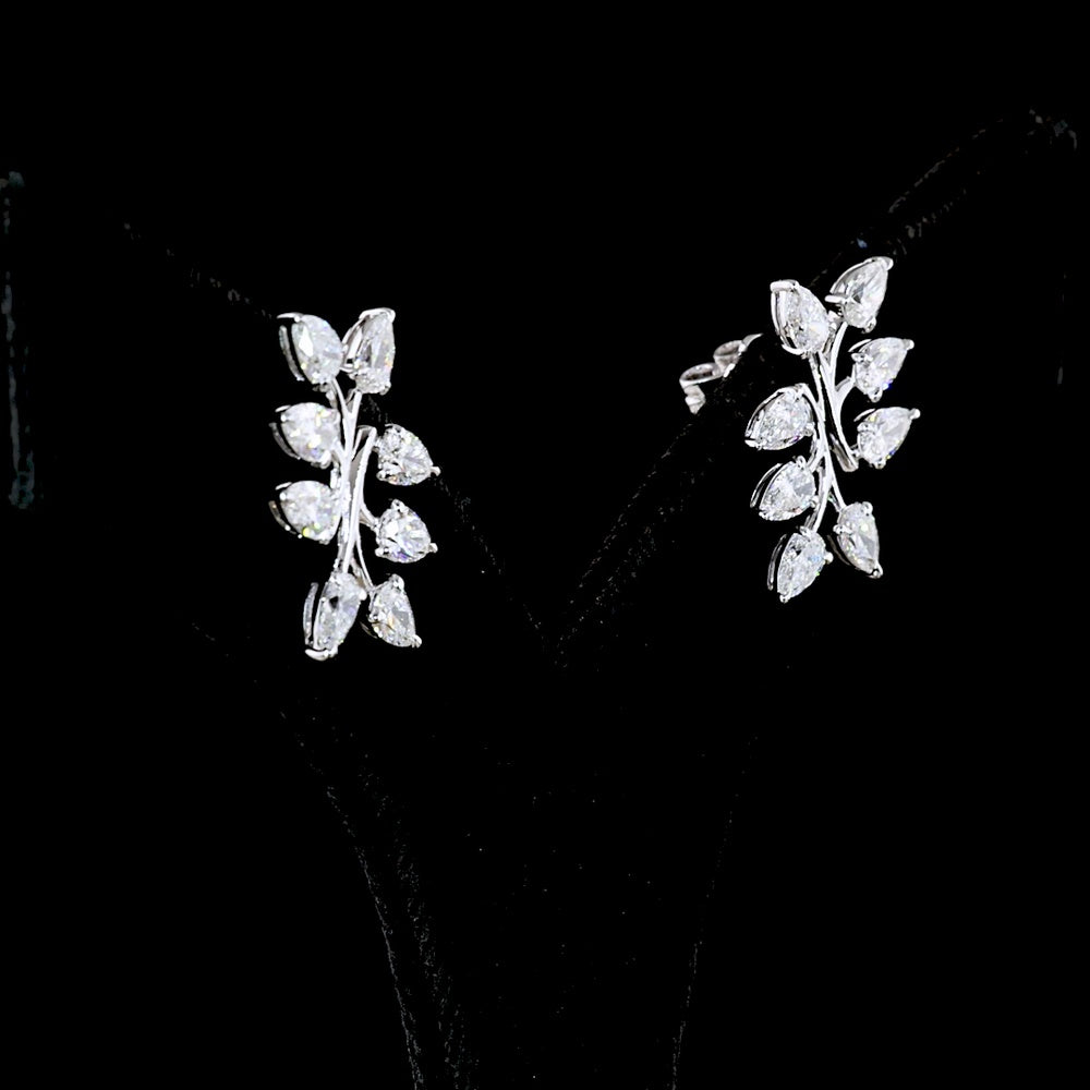 14K White Gold Leaf Cluster Earrings with Pear Shape Lab Diamonds - 2.63 Carat Total Diamond Weight - Covaloro Fine Jewelry