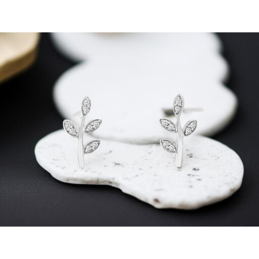 14K White Gold Leaf Design Diamond Stud Earrings - 0.07 Carats Total Diamond Weight