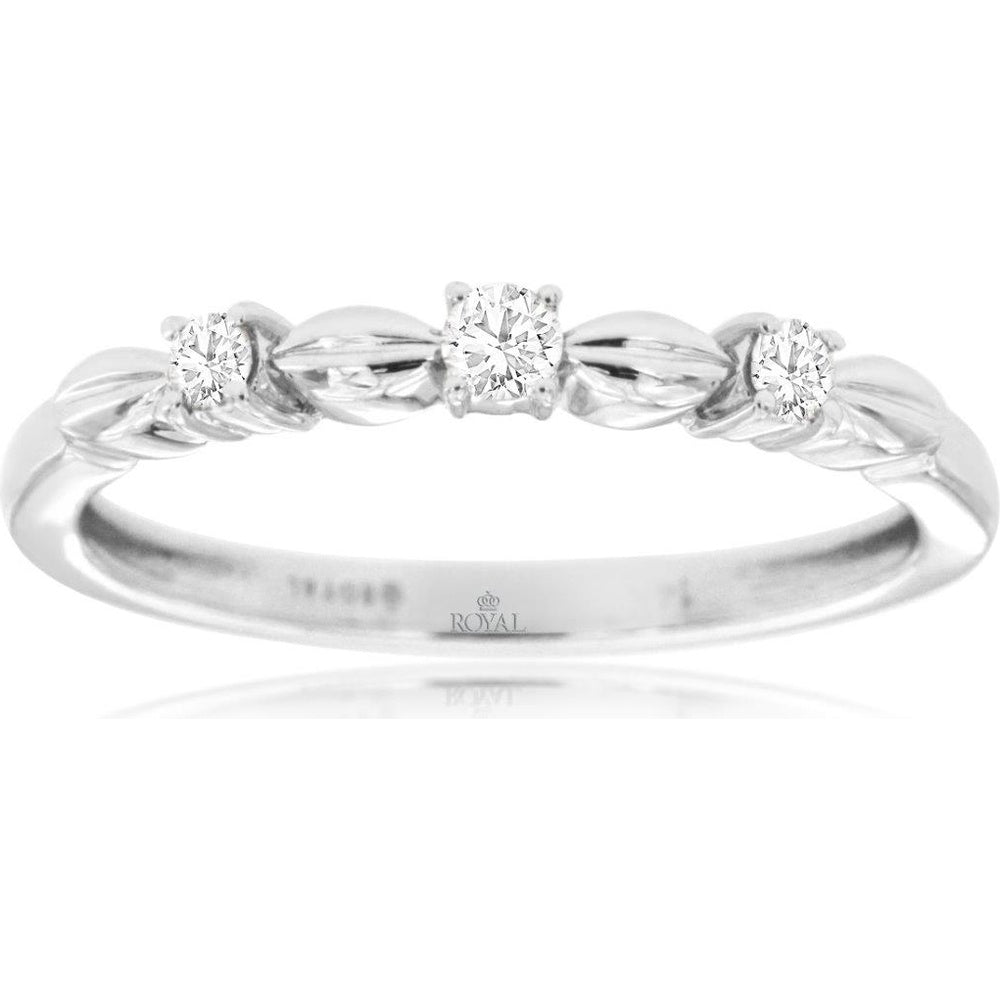 14K White Gold Leaf-Inspired Vine Motif Wedding Band with 3-Prong Set Round Diamonds - 0.12 Carat Total Diamond Weight - Royal Jewelry