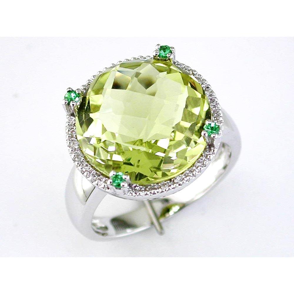 14K White Gold Lemon Quartz Ring with Round Diamonds - 10.92 Carats Total Gemstone Weight