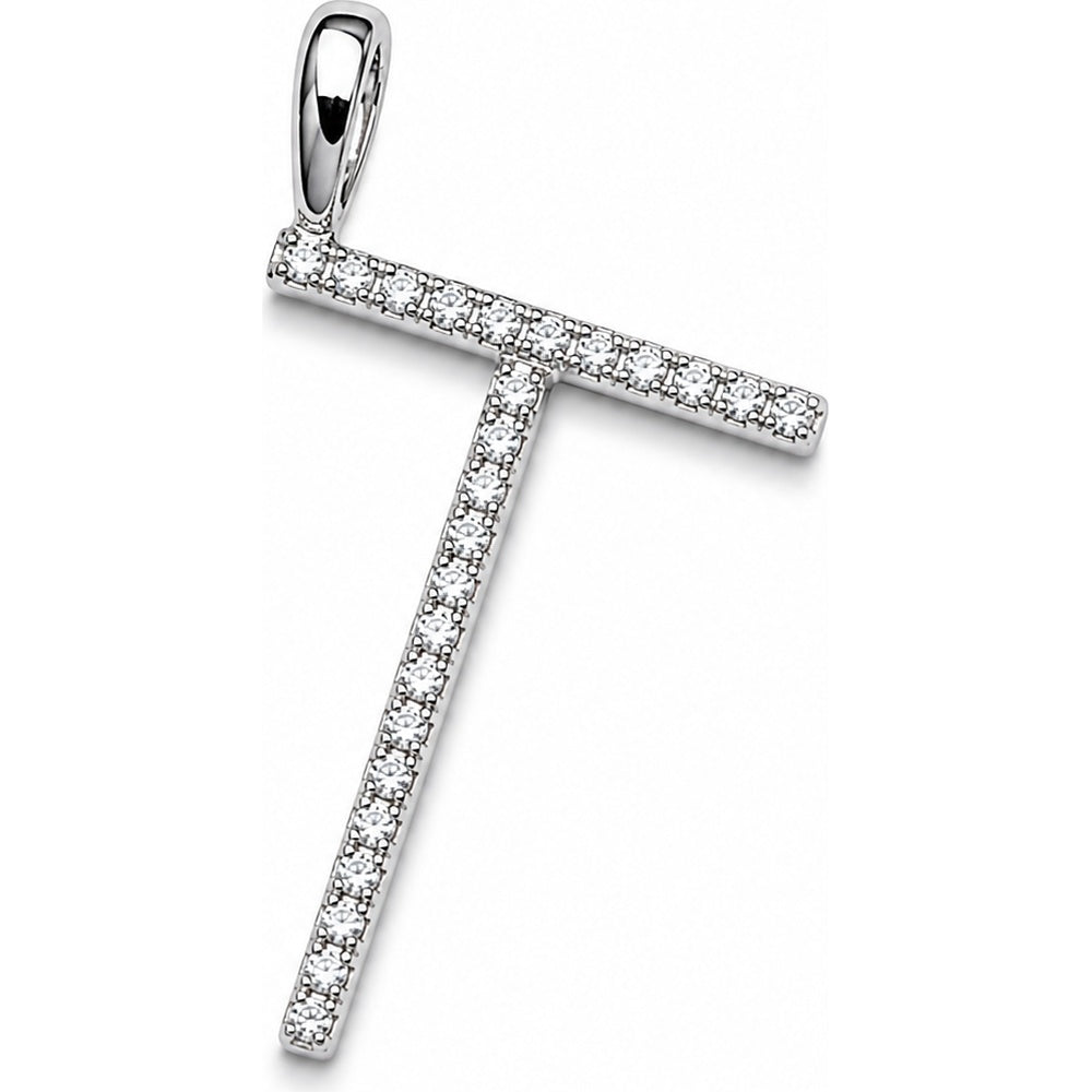 14K White Gold Letter T Pendant with Prong Set Round Diamonds - 0.12 Carat Total Diamond Weight by Auriventus