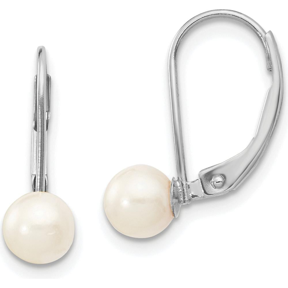 14K White Gold Leverback Earrings with 5-6mm White Round Akoya Saltwater Cultured Pearls by Monteluci Fine Jewelry