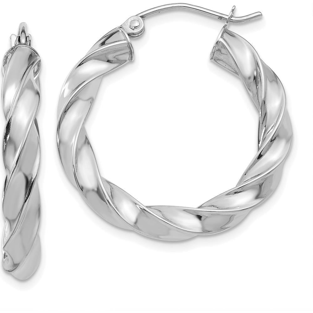 14K White Gold Light Twisted Hoop Earrings with Rhodium Plating - 25mm Length by 0