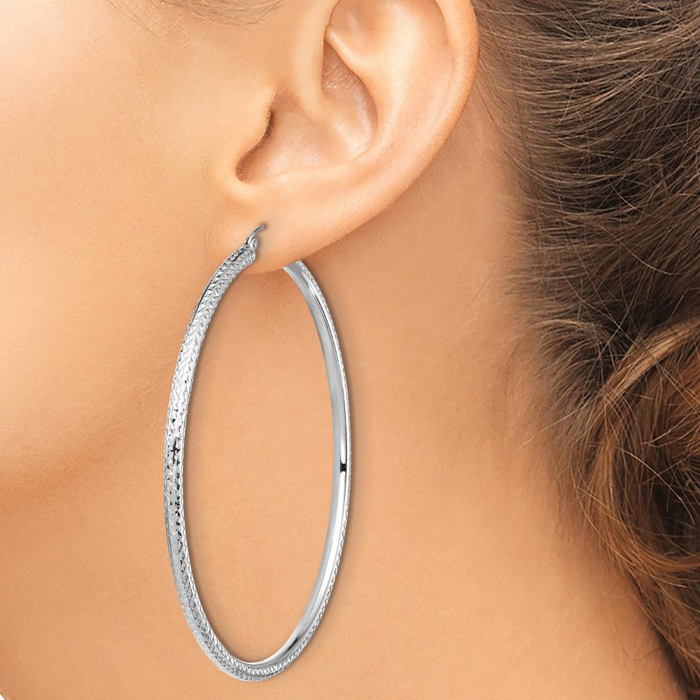 14K White Gold Lightweight 3mm Diamond-Cut Hoop Earrings - Polished Finish with Rhodium Plating by 0