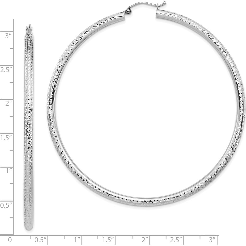 14K White Gold Lightweight 3mm Diamond-Cut Hoop Earrings - Polished Finish with Rhodium Plating by 0