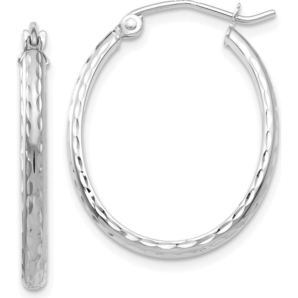 14K White Gold Lightweight Diamond-Cut Oval Hoop Earrings - Rhodium Plated Finish by 0