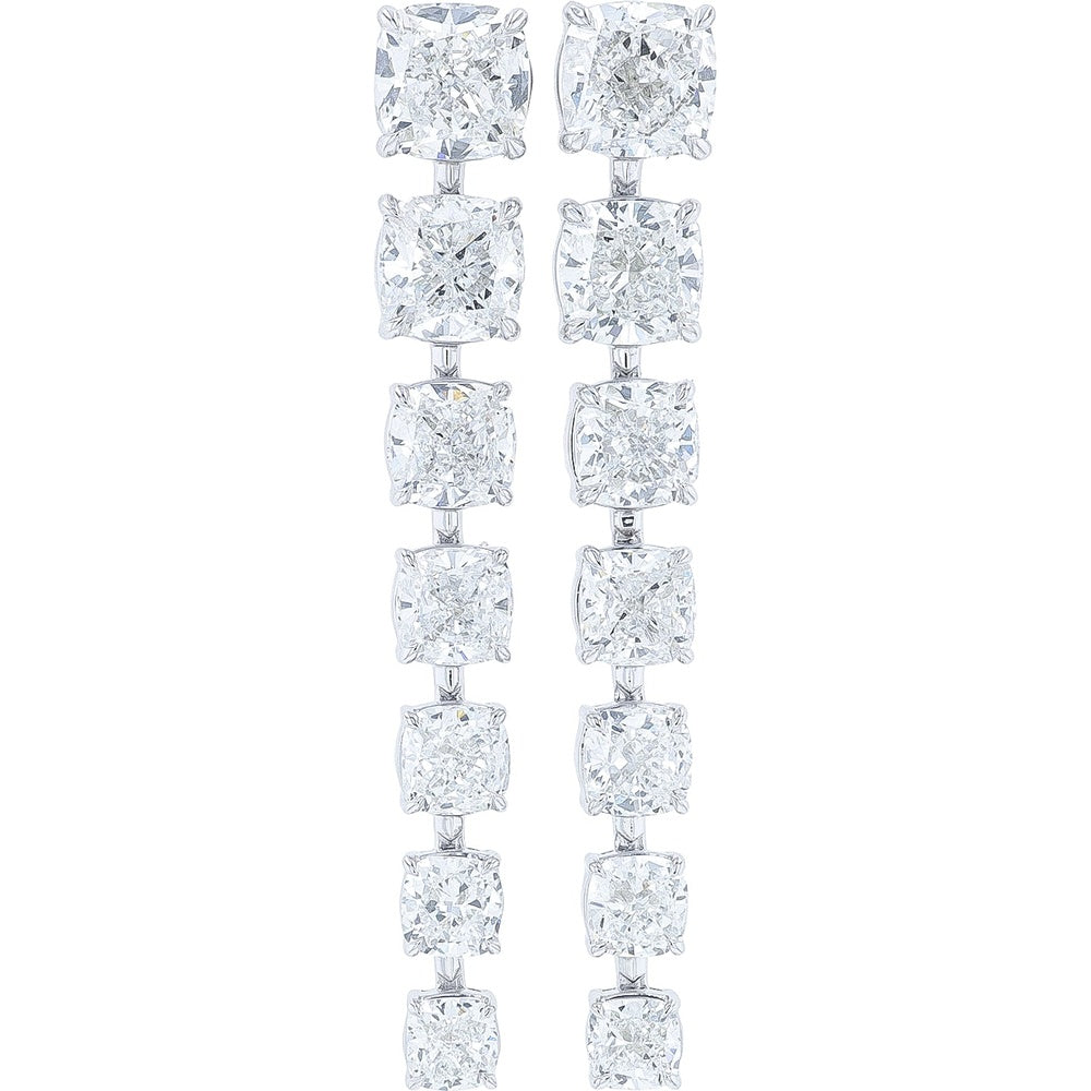14K White Gold Linear Drop Earrings with 4-Prong Set Cushion Cut Lab Grown Diamonds - 7.25 Carat Total Diamond Weight