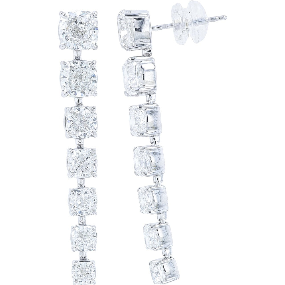 14K White Gold Linear Drop Earrings with 4-Prong Set Cushion Cut Lab Grown Diamonds - 7.25 Carat Total Diamond Weight