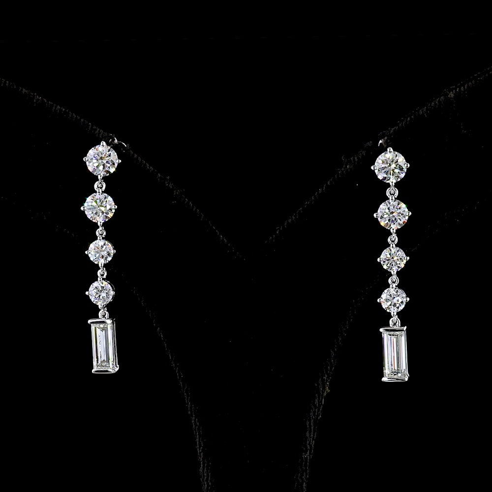 14K White Gold Linear Drop Earrings with Round and Baguette Lab Diamonds - 3.26 Carat Total Weight - Covaloro Fine Jewelry