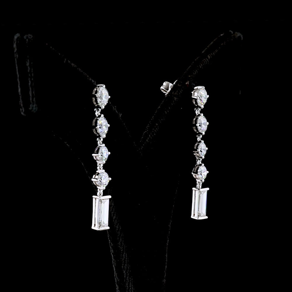 14K White Gold Linear Drop Earrings with Round and Baguette Lab Diamonds - 3.26 Carat Total Weight - Covaloro Fine Jewelry