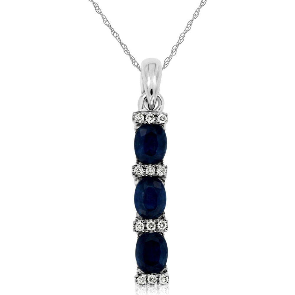 14K White Gold Linear Pendant with Oval Sapphires and Round Diamond Spacers - 0.65 Carat Sapphire Weight and 0.20 Carat Diamond Weight - Royal Jewelry