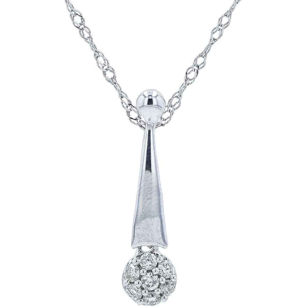 14K White Gold Long Drop Pendant with Pavé Set Round Diamond Cluster - 0.08 Carat Total Diamond Weight