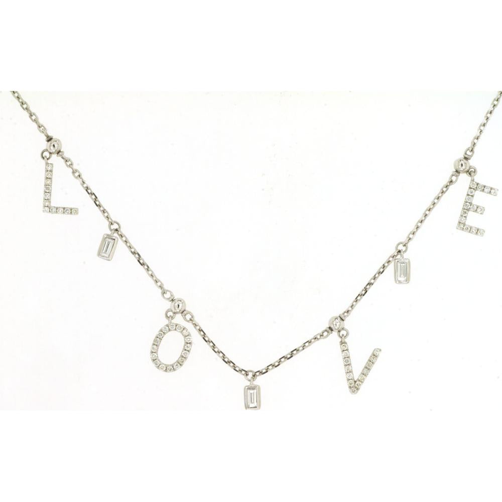14K White Gold LOVE Station Necklace with Round and Baguette Diamond Charms - 0.39 Total Carat Weight - Royal Jewelry