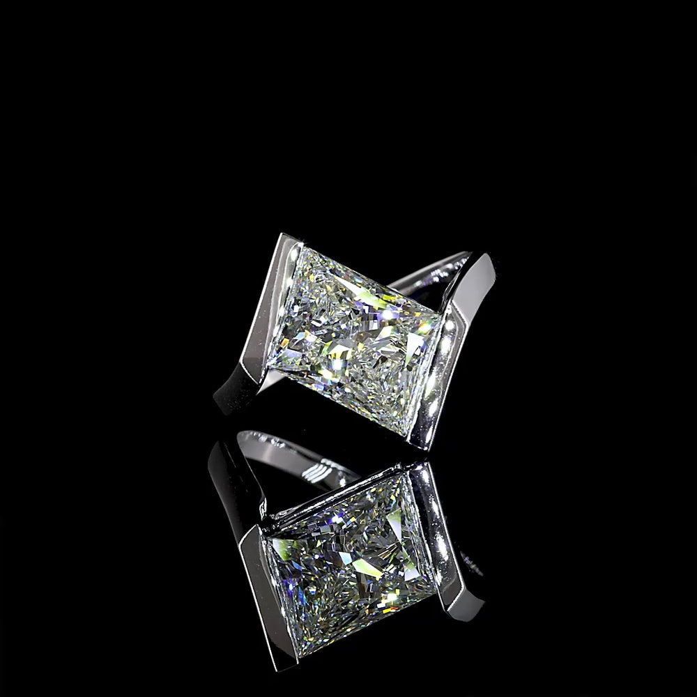 14K White Gold Lozenge Step Cut Solitaire Ring with Inclined Half Bezel Setting and 2.90 Carat Lab Diamond (E-F Color, VS1 Clarity) - Covaloro Fine Jewelry
