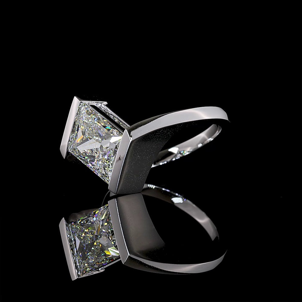 14K White Gold Lozenge Step Cut Solitaire Ring with Inclined Half Bezel Setting and 2.90 Carat Lab Diamond (E-F Color, VS1 Clarity) - Covaloro Fine Jewelry