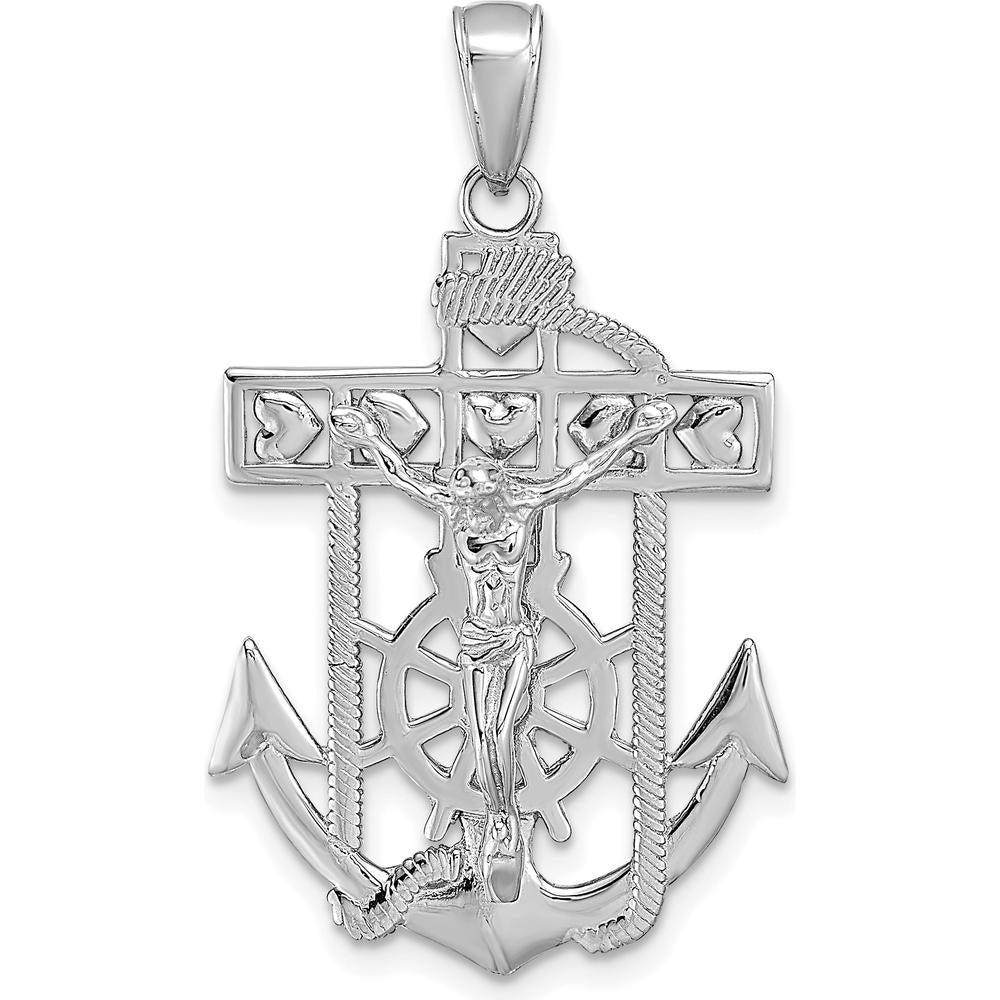 14K White Gold Mariners Crucifix Pendant with Rope and Anchor Design - Religious Jewelry Symbol of Faith by Oro Pregiato