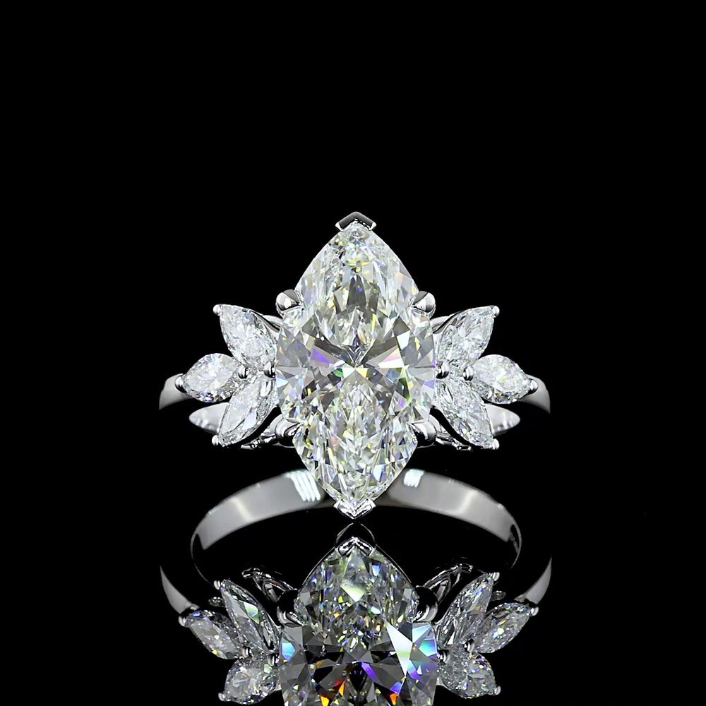 14K White Gold Marquise Cluster Ring featuring a 3.07 Carat E VVS2 Center Lab Diamond with 0.58 Carat Marquise Side Stones - 3.65 Carats Total Diamond Weight - Covaloro Fine Jewelry