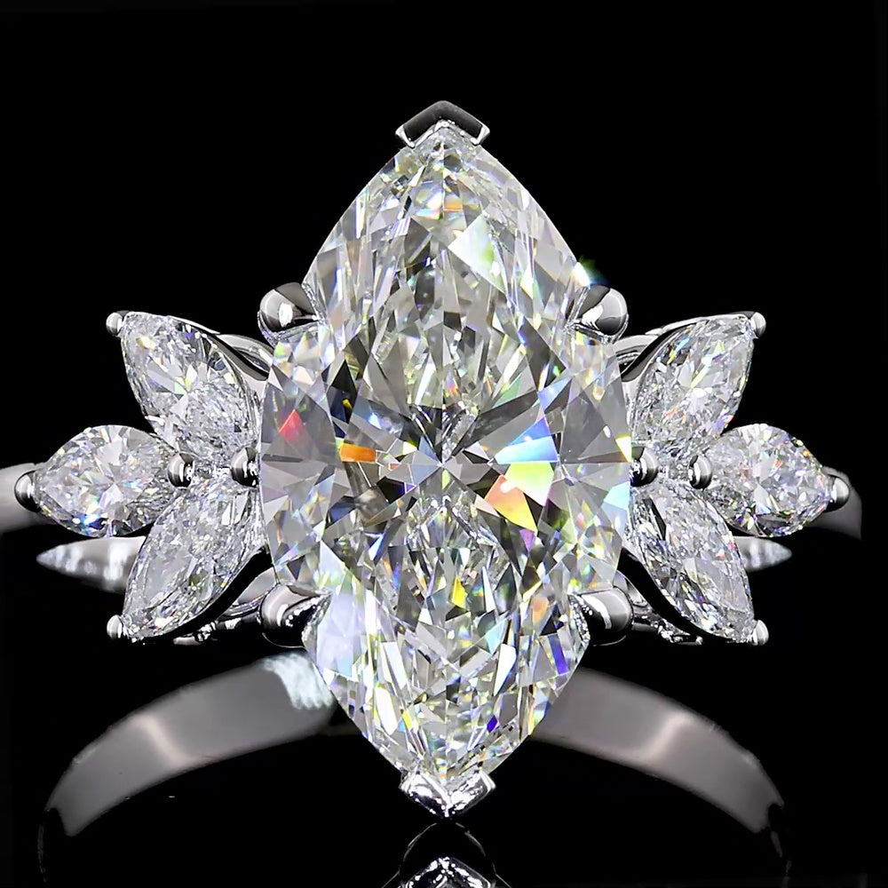 14K White Gold Marquise Cluster Ring featuring a 3.07 Carat E VVS2 Center Lab Diamond with 0.58 Carat Marquise Side Stones - 3.65 Carats Total Diamond Weight - Covaloro Fine Jewelry