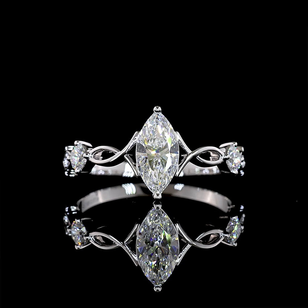 14K White Gold Marquise Cut 3-Stone Ring with 0.60 Carat Lab Diamond Center and 0.15 Carat Lab Diamond Accents - 0.75 Total Carat Weight - Covaloro Fine Jewelry