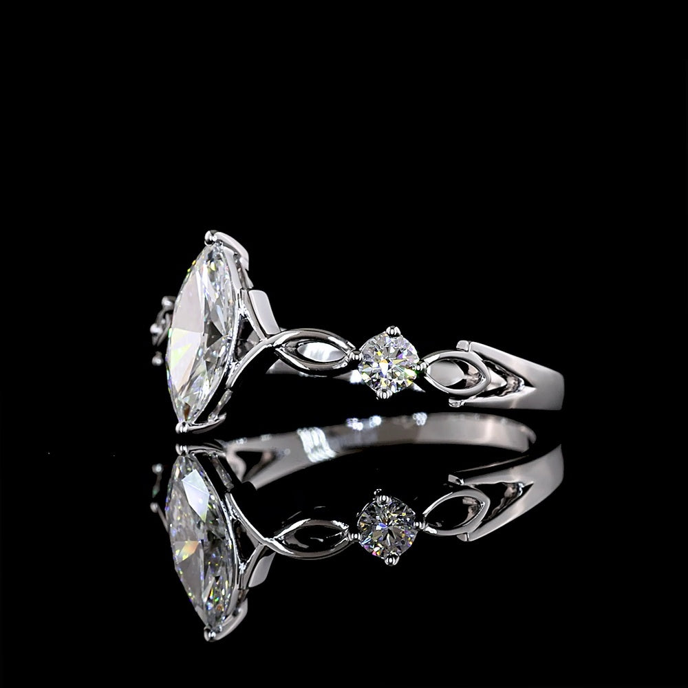 14K White Gold Marquise Cut 3-Stone Ring with 0.60 Carat Lab Diamond Center and 0.15 Carat Lab Diamond Accents - 0.75 Total Carat Weight - Covaloro Fine Jewelry
