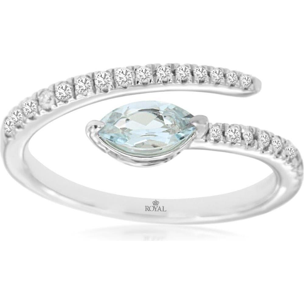 14K White Gold Marquise Cut Aquamarine and Diamond Bypass Wrap Ring - 0.30 Carat Aquamarine and 0.24 Carat Total Diamond Weight - Royal Jewelry
