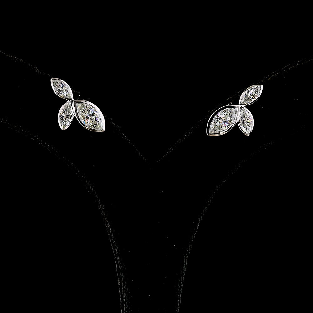 14K White Gold Marquise Cut Bezel Set Lab Diamond Stud Earrings with Inclined Floral Motif - 3.11 Carats Total Diamond Weight - Covaloro Fine Jewelry